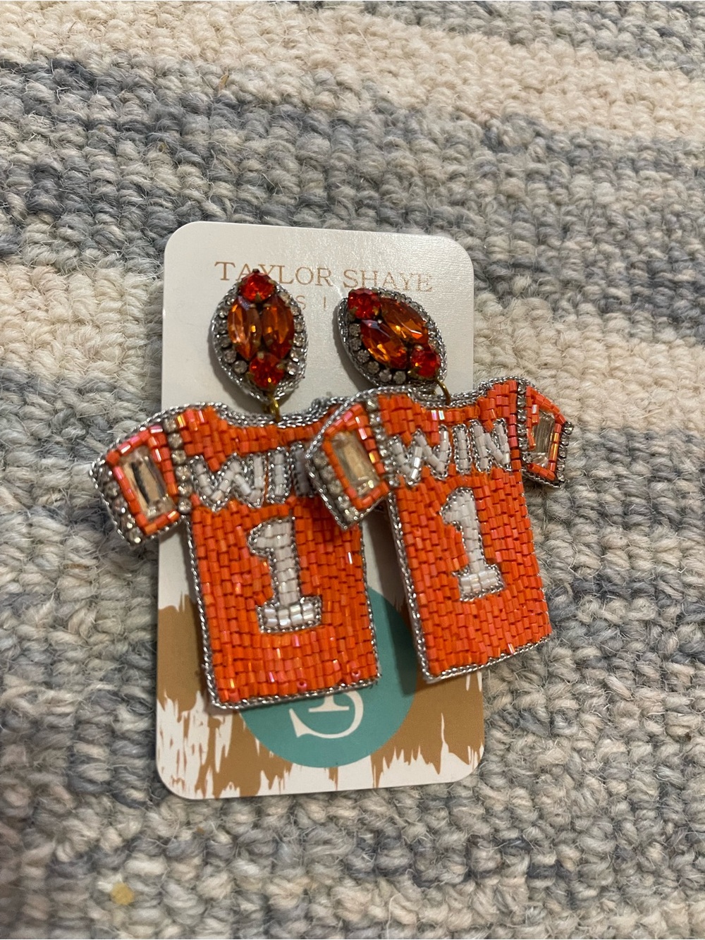 Taylor Shaye Orange 'WIN' Beaded Jersey Earrings